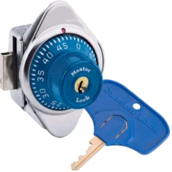 ADA Compliant Built-In Combination Lock with Blue Metal Dial for Lift Handle Lockers - Hinged on Right