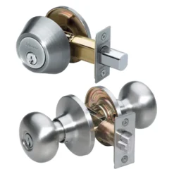 Biscuit Style Knob Entry Door Lock with Single Cylinder Deadbolt; Combo Pack; Satin Nickel, KW1