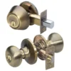 Biscuit Style Knob Entry Door Lock with Single Cylinder Deadbolt; Combo Pack; Antique Brass, KW1
