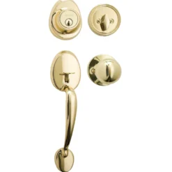 Handleset with Biscuit Style Knob Interior and Single Cylinder Deadbolt; Polished Brass, KW1
