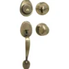 Handleset with Biscuit Style Knob Interior and Single Cylinder Deadbolt; Antique Brass, KW1