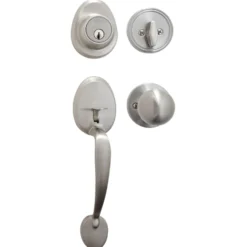 Handleset with Biscuit Style Knob Interior and Single Cylinder Deadbolt; Satin Nickel, SC1