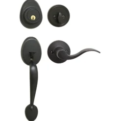 Handleset with Wave Style Lever Interior and Single Cylinder Deadbolt (Right Hand); Aged Bronze, WK2