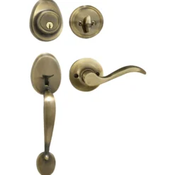 Handleset with Wave Style Lever Interior and Single Cylinder Deadbolt (Left Hand); Antique Brass, KW1