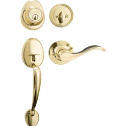 Handleset with Wave Style Lever Interior and Single Cylinder Deadbolt (Right Hand); Polished Brass, KW1