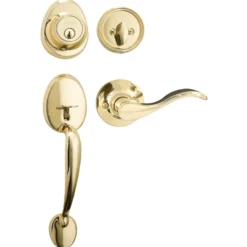 Handleset with Wave Style Lever Interior and Single Cylinder Deadbolt (Left Hand); Polished Brass, WR5