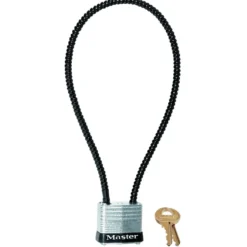 14in (35cm) Long x .22in Diameter (5.6mm) Braided Steel Cable Gun Lock with 1-1/8in (29 mm) Wide Laminated Steel Padlock; Keyed Different