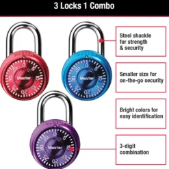 1-9/16in (40mm) Wide Combination Dial Padlock; Assorted Colors; 3-Pack
