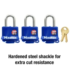 1-9/16in (40mm) Wide Covered Laminated Steel Pin Tumbler Padlock; Blue; 3-Pack
