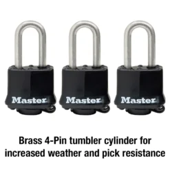 1-9/16in (40mm) Wide Covered Stainless Steel Pin Tumbler Padlock with 1-1/2in (38mm) Shackle; 3-Pack; Black