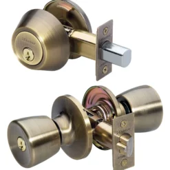 Tulip Style Knob Entry Door Lock with Single Cylinder Deadbolt; Combo Pack; Antique Brass