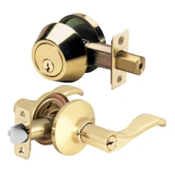 Wave Style Lever Entry Door Lock with Single Cylinder Deadbolt; Combo Pack; Polished Brass, SC1