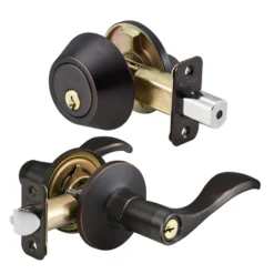 Wave Style Lever Entry Door Lock with Single Cylinder Deadbolt; Combo Pack; Aged Bronze, SC1