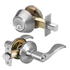 Wave Style Lever Entry Door Lock with Single Cylinder Deadbolt; Combo Pack; Satin Nickel, SC1